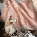 Sheer and soft salmon color shawl has a hand stitch line art of magnolia flowers with an elf playing on the swing 