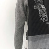 Black silk wool long scarf with white pin-stripes and grey border, hand stitched an ancient chinese bucket arch in white running stitch
