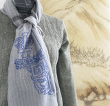 unisex silk wool rectangular scarf in pin stripes pattern hand embroidered an ancient chinese arch line art in royal blue color