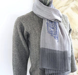 grey silk wool long scarf with white pin-stripes hand embroidered an ancient chinese architecture parts in royal blue stitch 