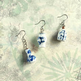 Three different 925 silver ear wire dangle earring both in traditional chinese blue and white ceramic vases with hand paints of chrysanthemum, bamboo, and vine patterns 
