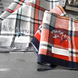 Modern Red and grey plaid handkerchief hand embroidered a delicate oriental style forest and blossom tree pattern near the corner