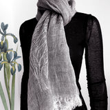 A grey and white two tone weave linen scarf embroidered a roaring tree pattern with bold stitches, match well with black basic tops 