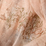 Close up on a big hand embroidery line art of abstract Village-in-Dream picture ,where there is tiny temple, lodge and flying UFO, on a soft light coral color silk linen scarf 