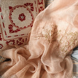 Light weight and sheer silk linen ladies scarf has a hand stitch artwork  of abstract pattern, tiny temple, huts and flying UFO