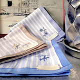 Three grey, blue and beige  stripe cotton handkerchiefs hand embroidered a small delicate Chinese style landscape, tree and boating motif