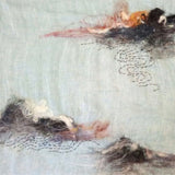 Pale blue two-tone weave linen shawl, hand-stitched a few swirl line art  patterns alongside with red-black-white color hand felted wool sea islands