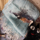 Unique pale blue 2 tone linen shawl, hand-stitched a swirl-like line art  together with red-black-white mixed color hand felted wool irregular pattern