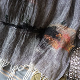 Black and white two-tone weave pure linen scarf is hand-embroidered trees and hand-felted wool  landscape pattern, with hand twisted tassel at hem