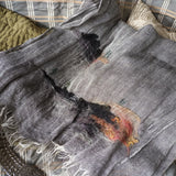 Black and white two-tone weave linen shawl is hand-embroidered an artistic picture of trees and hand-felted landscape pattern, with white hand twisted tassel at hem 