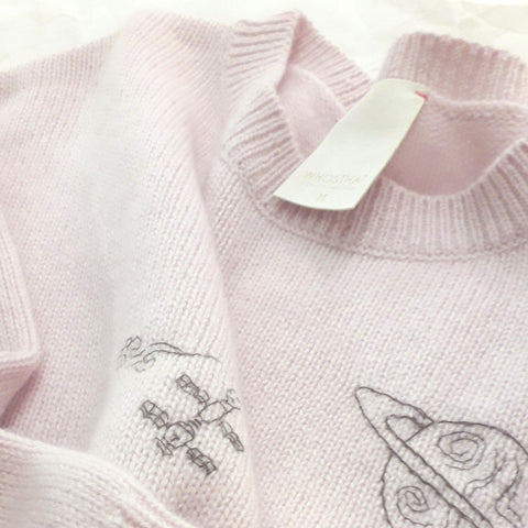 手工刺繡衛星和行星圖案純羊絨寬鬆套頭衫