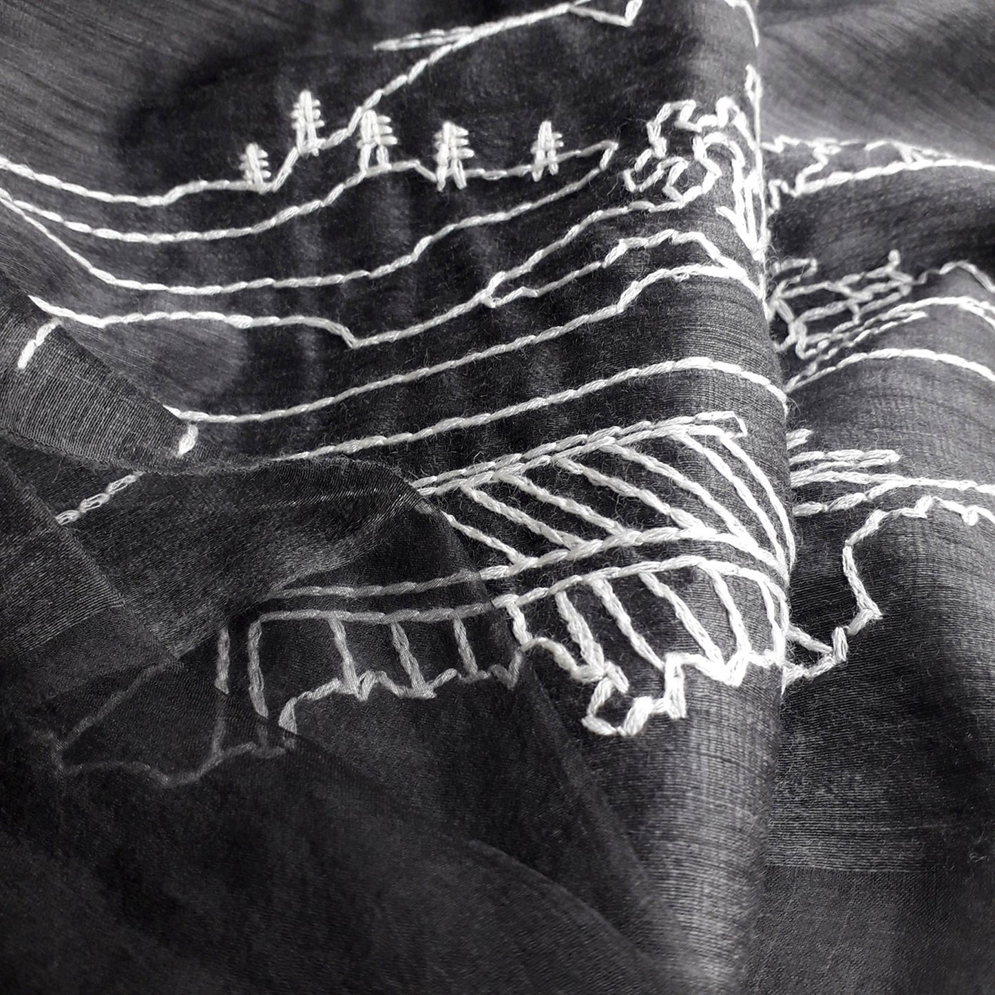 All seasons silk wool embroidery sheer scarf in moon village line art