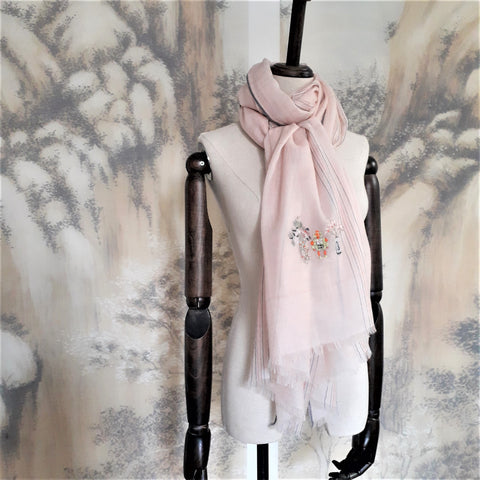 Hand embroidery pure 300s super fine cashmere scarf - vase & robot toy.