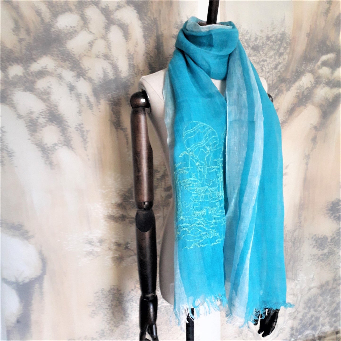 All seasons spaceman gets lost line art embroidery pure linen scarf