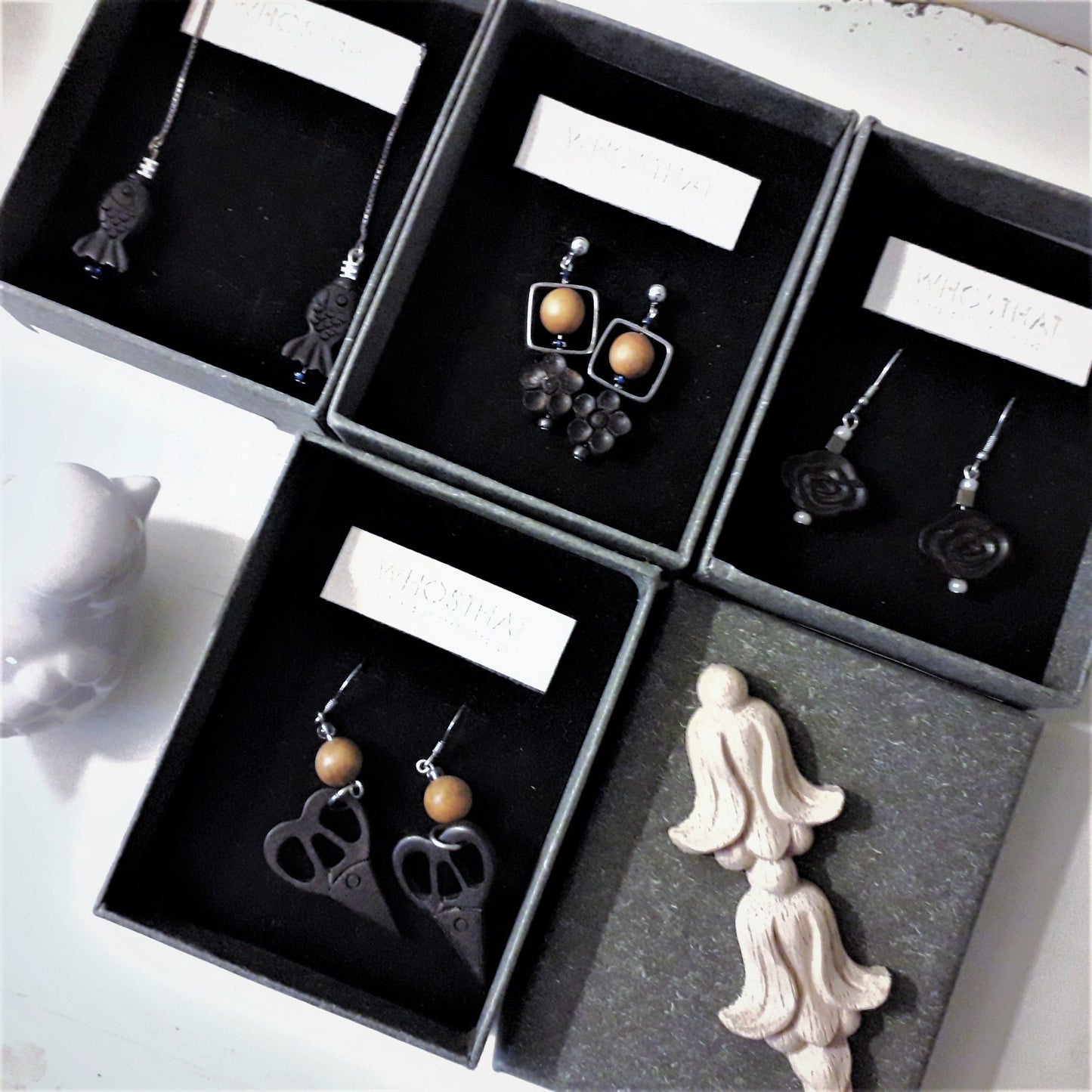 Scented black sandal wood crafted auspicious cloud 925 silver ear pins