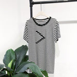 Hand stitch beads loose fit fine stripe side-seamless cotton ladies tee shirt