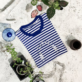 Hand stitch beads loose fit fine stripe side-seamless cotton ladies tee shirt