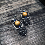 black sandal wood blossom flower and square silver frame ear pins