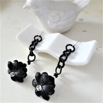 Black sandal wood crafted Chinese lotus 925 silver ear pins