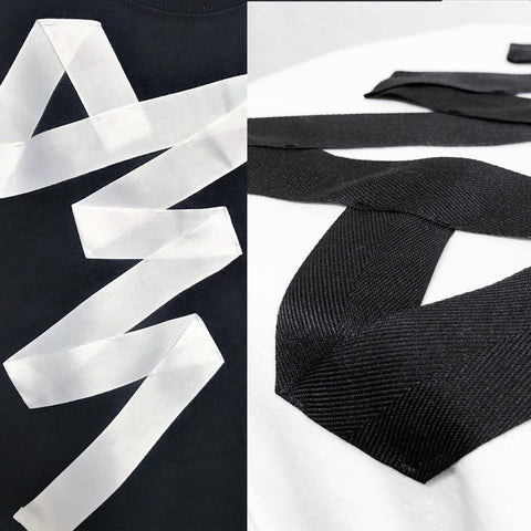 Hand stitch ribbon origami tubular heavy cotton crew neck navy and white ladies tee shirt