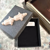 opened original design grey jewelry gift box top with wood crafted ornament