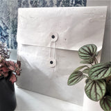 White hand made paper envelope next to small Peperomia and Fittonia pot plants in front of snow forest photo.