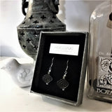 A pair of 925 silver ear wire dangle earrings features delicate black sandal wood crafted Chinese traditional lucky cloud form  displayed in an original design grey paper gift box 