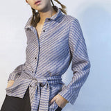 Stylish Japan double cloth cotton fabric belted stripy ladies blouse